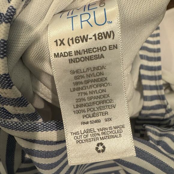 Time and Tru Blue Striped 1 Piece Swimsuit Plus Sz 1X (16W-18W) Coastal Nautical - Picture 5 of 5